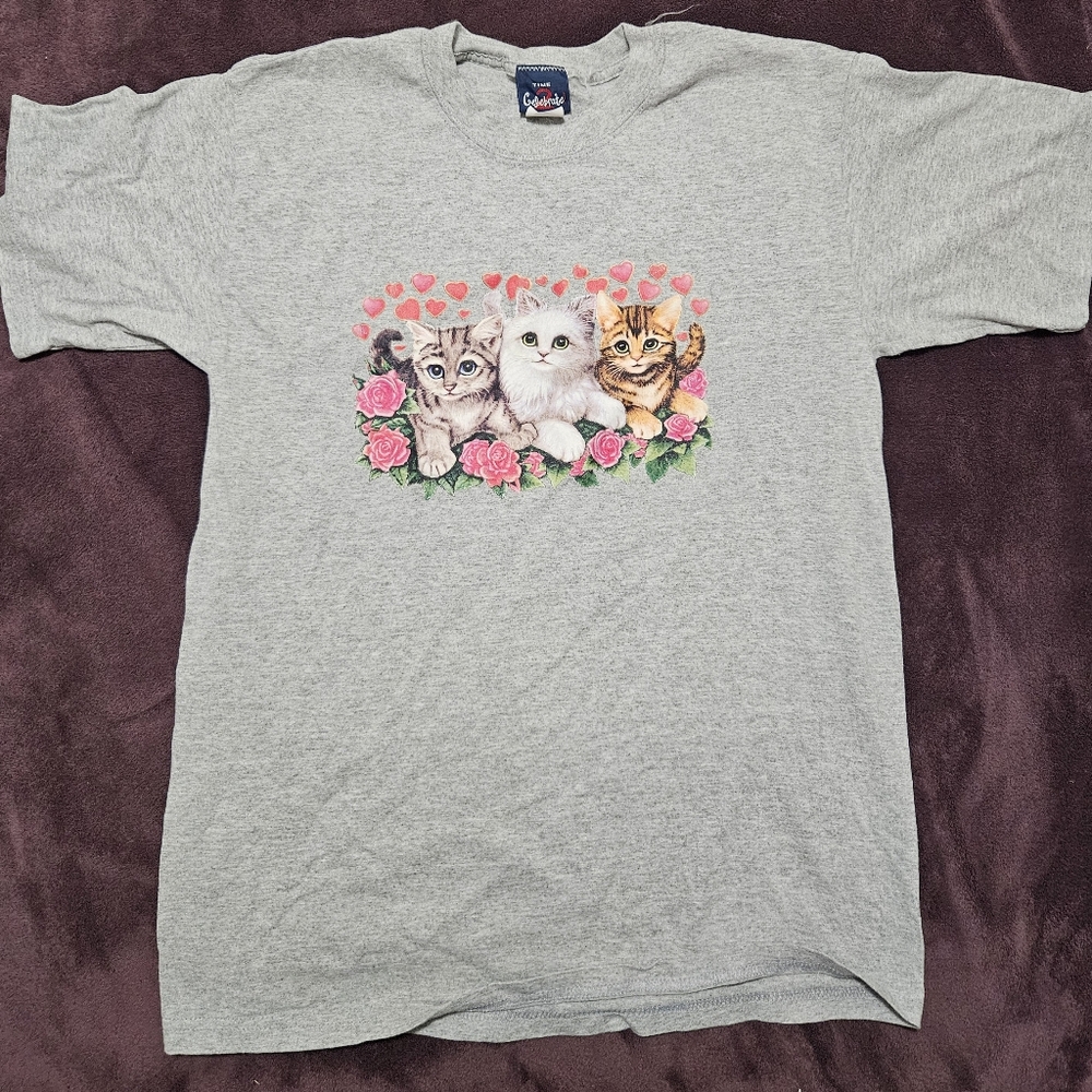 Time 2 Celebrate women’s cat print short sleeve gray shirt size Large